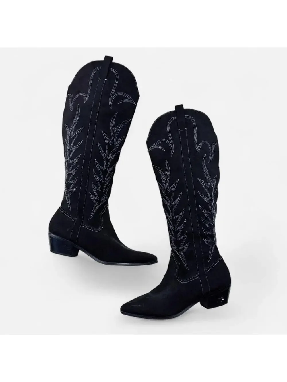 Black Faux Suede Embroidered Tall Cowboy Boots in Black